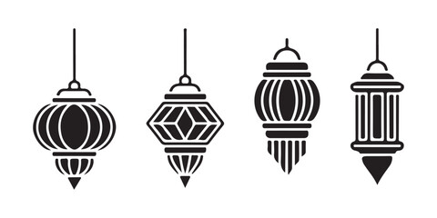 Four black decorative hanging lanterns on white background