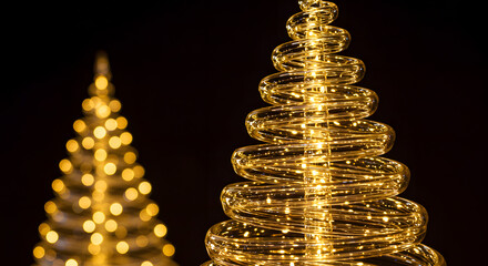 Elegant spiral Christmas tree with warm lights glowing on dark background, festive holiday
