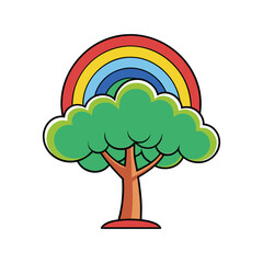 Whimsical cartoon tree with vibrant rainbow arching overhead
