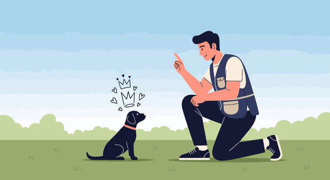Illustration of a dog trainer with a puppy, showing trust and positive reinforcement using crown