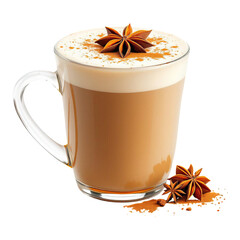 Chai tea latte with spices and star anise, isolated on white background