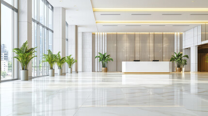 Modern reception area with elegant design, large windows, and stylish plants creating welcoming atmosphere