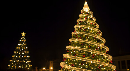 Stunning illuminated Christmas tree decorations with lights and ornaments at night during the holidays