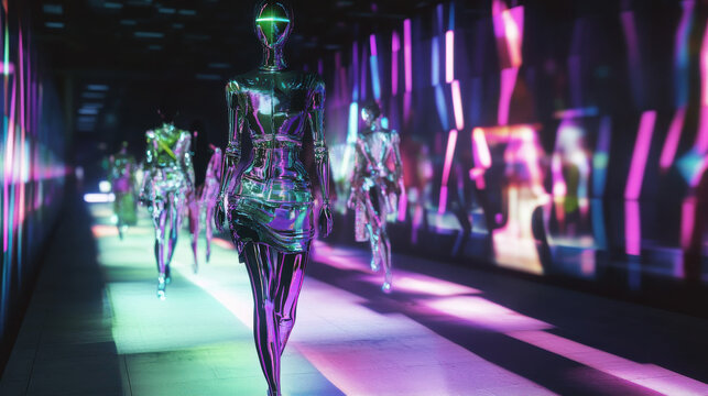 AI-driven fashion runway in the metaverse, with futuristic digital clothing designs, customizable avatars, and immersive lighting &mdash;ar 16:9 