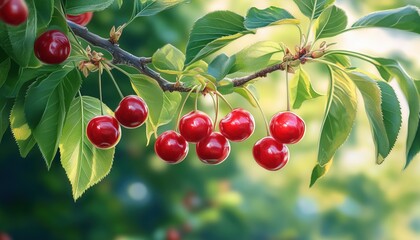 Garden Beauty: A Cherry Tree Bursting With Ripe Cherries In Its Lush Surroundings, Adding A Splash Of Color To The Landscape.