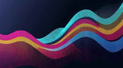 A 3D halftone illustration featuring colorful retro dot patterns forming a wave like shape on the right side of the image
