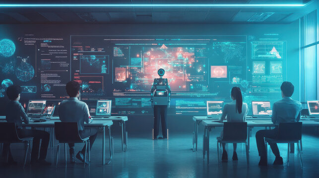 AI-driven futuristic classroom with holographic interactive learning modules and robotic teachers guiding students &mdash;ar 16:9 