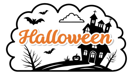 Scary Halloween night party invitation featuring a haunted house, spooky bats, and a pumpkin illustration against a dark, full moon backdrop