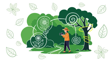 Illustration of a photographer capturing nature's essence in a lush environment