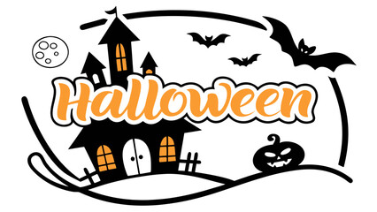 Spooky Halloween vector illustration with a haunted house, castle, and moon silhouette on a dark night