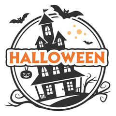 Obraz premium Vector spooky Halloween party invitation with a cartoon haunted pumpkin house and bats on a moonlit autumn night