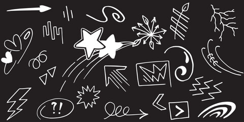 Collection of hand-drawn white doodles and symbols on a black background bkack background