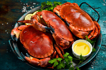 Delicious boiled crab with large claws. Side view, close-up.