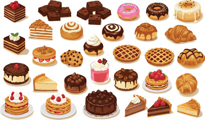 Pastry and dessert clipart set, cakes, donuts, pies, cupcakes, croissants, pancakes, bakery icons, sweets collection, digital illustrations