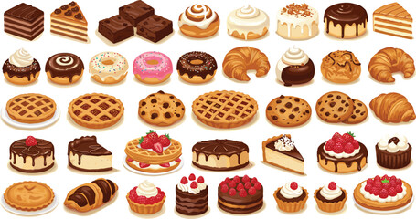 Pastry and dessert clipart set, cakes, donuts, pies, cupcakes, croissants, pancakes, bakery icons, sweets collection, digital illustrations