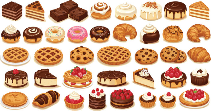 Pastry and dessert clipart set, cakes, donuts, pies, cupcakes, croissants, pancakes, bakery icons, sweets collection, digital illustrations