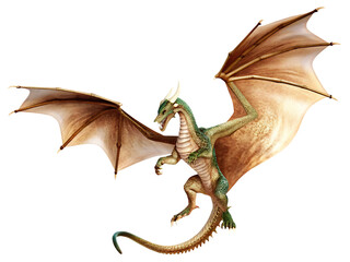 Green dragon with tan wings flying isolated on a transparent background