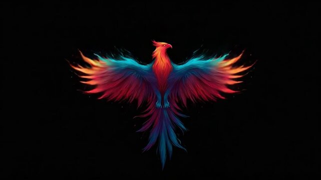 Vivid, fiery, colorful phoenix with outspread wings on black backdrop