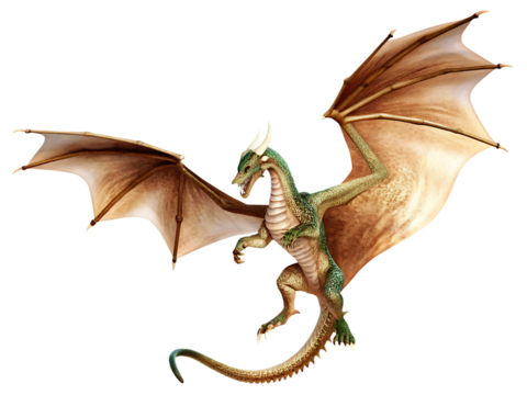 dragon with tan wings flying isolated on a transparent background