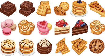 Watercolor bakery sweets set, donuts, cookies, croissants, pretzels, cheesecake, cupcakes, eclairs, pancakes, pastries, hand-painted breakfast food clipart
