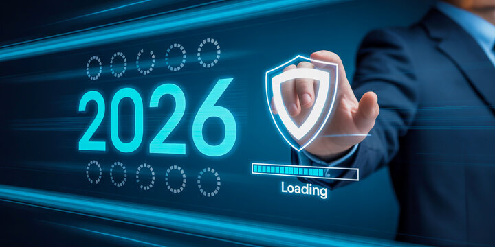 Businessman interacts with futuristic digital interface displaying year 2026 and a glowing shield symbolizing cybersecurity protection and data security