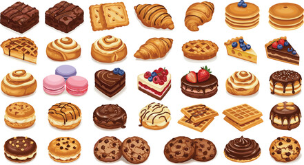 Watercolor bakery sweets set, donuts, cookies, croissants, pretzels, cheesecake, cupcakes, eclairs, pancakes, pastries, hand-painted breakfast food clipart