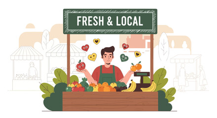 Illustration of a vendor at a local farmers market with fresh fruits and vegetables