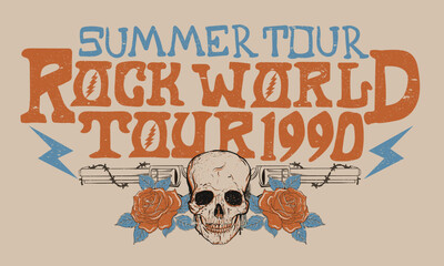 Fototapeta na wymiar Skull, gun with rose flower rock tour graphic print design. Make some noise, rock and roll artwork design. 