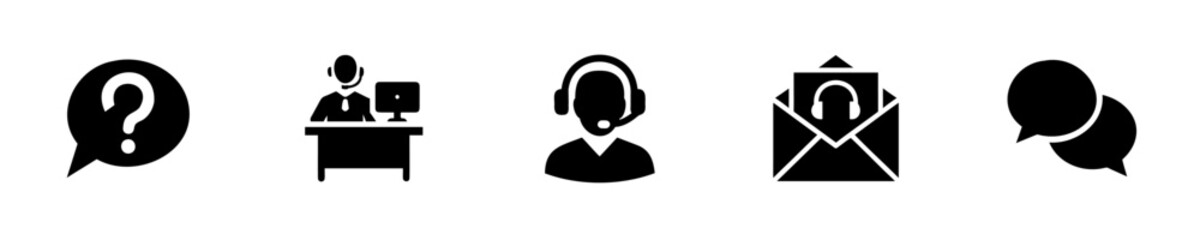 Icons for customer support including question mark speech bubble headset service