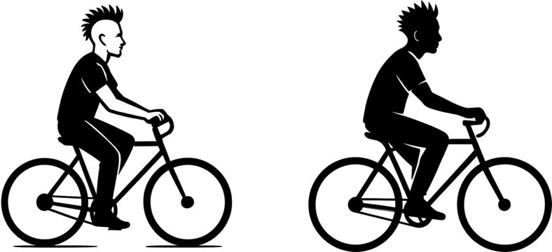 Man with mohawk riding bicycle black silhouette vector