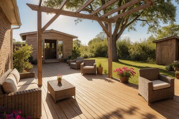 Fototapeta premium Wooden Deck with Outdoor Furniture and Pergola in a Garden Setting