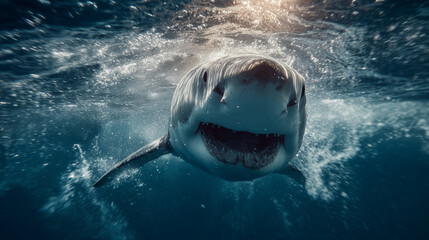 Powerful great white shark gliding through deep blue waters, generating dramatic bubble trail and foaming wake