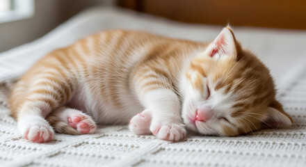 Adorable Ginger Kitten Sleeping Peacefully on a Comfortable White Blanket