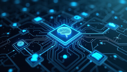 Futuristic circuit board with glowing brain and AI icons