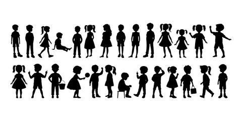 Children silhouette, kid vector set, boy, girl, kids standing, playing, walking, interacting, different poses, kids silhouette set, child activities, group of children isolated figures