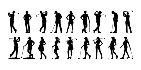 golfer silhouette, dynamic poses of golfers showcasing various swings, perfect for sports design, event promotion, and instructional content. Clear depiction of movement, technique, golfing prowess