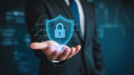 Businessman presenting digital security shield with lock icon, symbolizing data protection and cybersecurity in a modern business environment