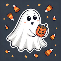 A spooky Halloween seamless pattern with fun cartoon ghosts, pumpkins, and bats on a black background perfect for a holiday design