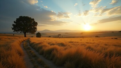 Fototapeta premium Golden hour countryside scene with a path through tall grass.