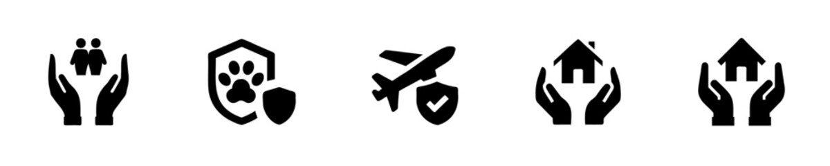 Insurance icons showing hands protecting people pet house airplane home protection