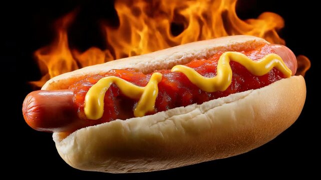 Flaming hot dog with mustard and ketchup in fiery action against black background