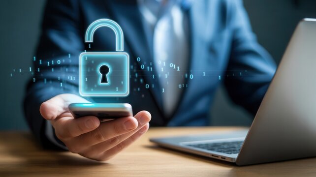 Businessman securing data with mobile phone and digital padlock icon, modern cybersecurity concept for secure online transactions and data protection