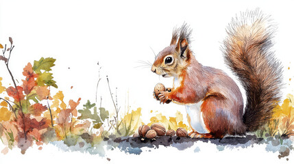 Watercolor painting of squirrel holding acorn, surrounded by colorful autumn leaves. scene captures playful and lively moment