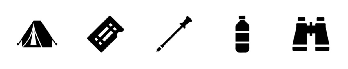 Silhouette icons camping gear including tent binoculars water bottle poles equipment