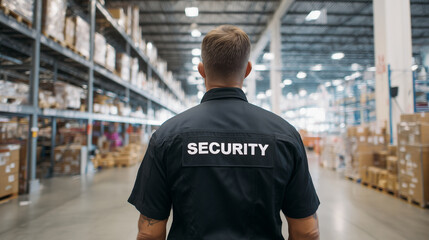 Security guard patrolling a warehouse, ensuring the safety and protection of goods