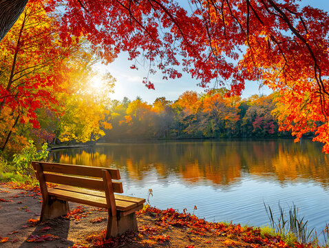 Lebendige Herbstlandschaft mit bunten B&auml;umen in Rot, Orange und Gelb, einer Holzbank am ruhigen See, Spiegelung der Bl&auml;tter im Wasser und goldenem Sonnenlicht mit langen Schatten