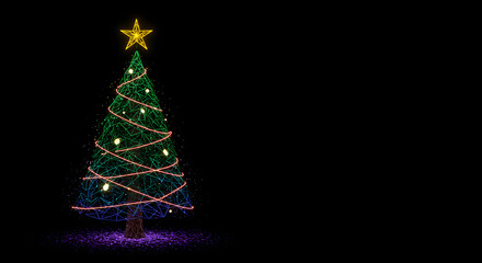 Festive Christmas tree glows with vibrant lights and a golden star on black background, holiday cheer