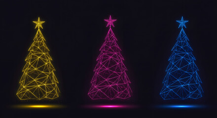Glowing neon Christmas trees in yellow, pink, and blue for holiday celebration and design