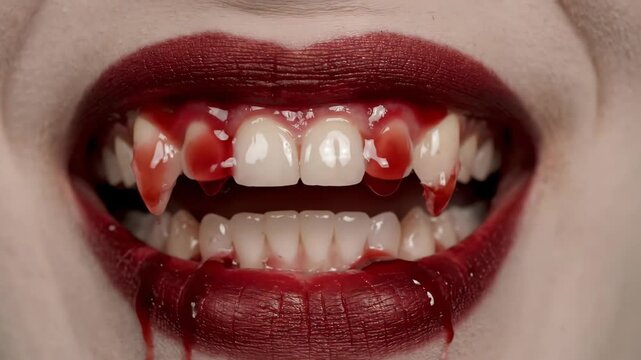 Vampire Fangs Dripping Blood - Close Up - Extreme close-up of a mouth with fangs dripping with blood. The video is suitable for Halloween, horror, or vampire-themed projects.