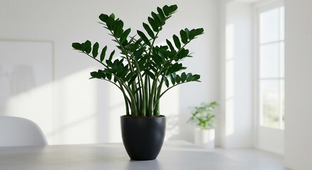 Fototapeta premium Stylish Air-Purifying Indoor Plant Thriving ZZ Plant with Glossy Emerald Leaves in Minimalist Office